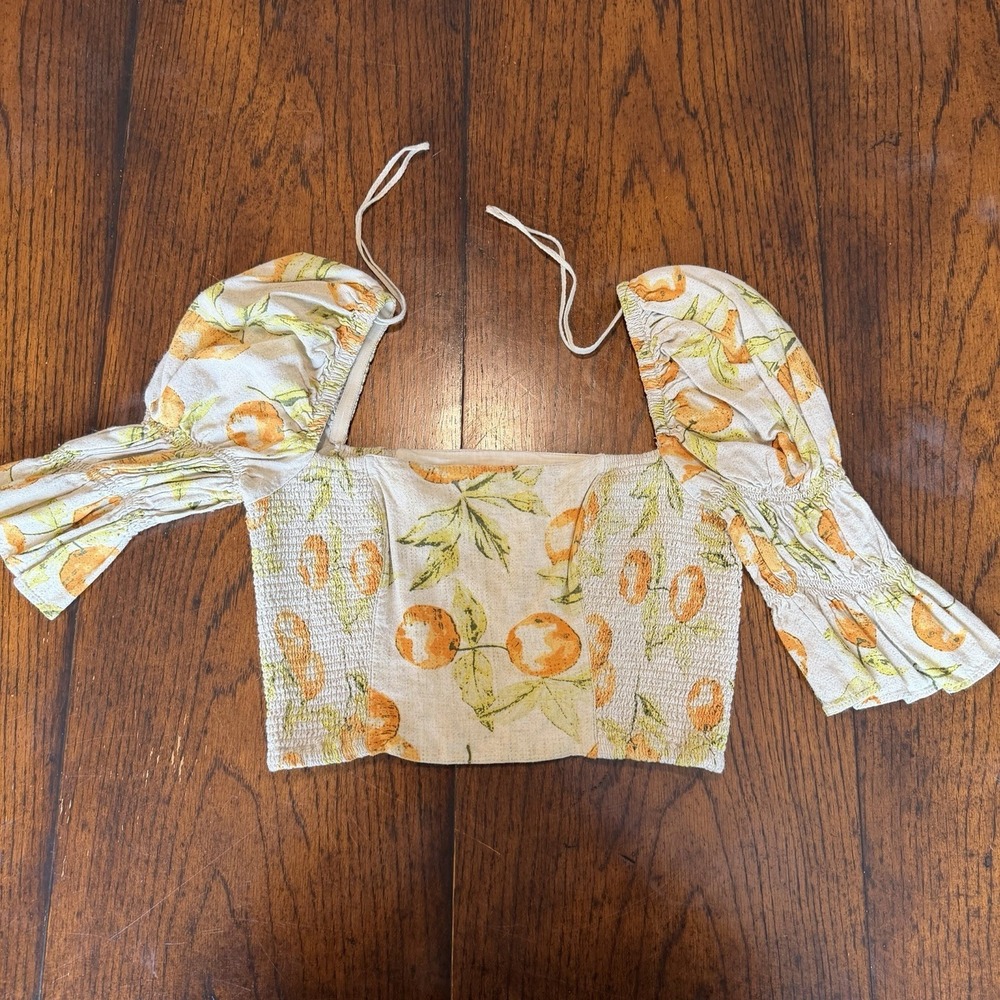 Urban Outfitters Orange Print Square Neck Puff Sleeve Crop Top Women's Size XS/S